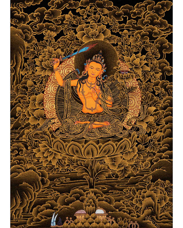 Wisdom Deity Manjushri Thangka | Tibetan Bodhisattva Art in Small Size