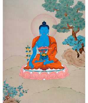 The Blue Buddha, God of Medicine Thangka | Medicine Buddha | Tibetan Helaing Deity