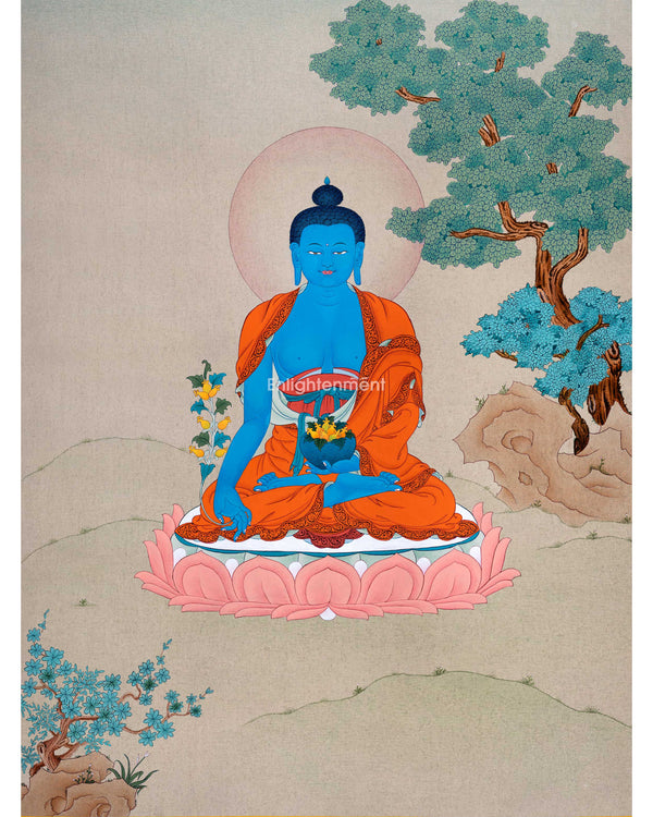 The Blue Buddha, God of Medicine Thangka | Medicine Buddha | Tibetan Helaing Deity