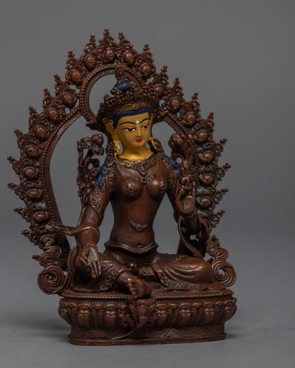 Mini Machine made Green Tara Statue | Gold Gilded Copper Body Miniature Green Tara Sculpture