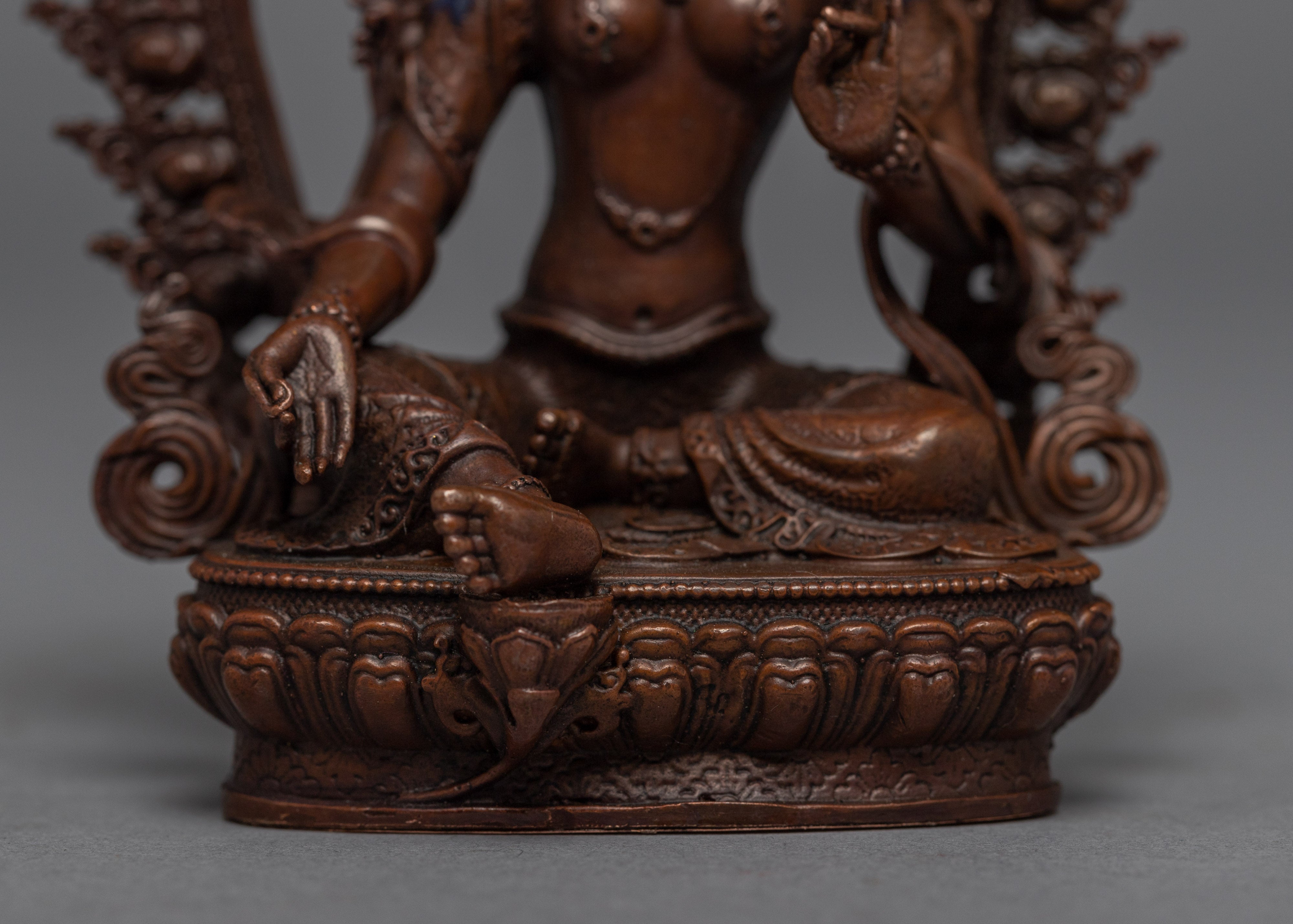Mini Machine made Green Tara Statue | Gold Gilded Copper Body Miniature Green Tara Sculpture