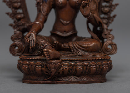 Mini Machine made Green Tara Statue | Gold Gilded Copper Body Miniature Green Tara Sculpture