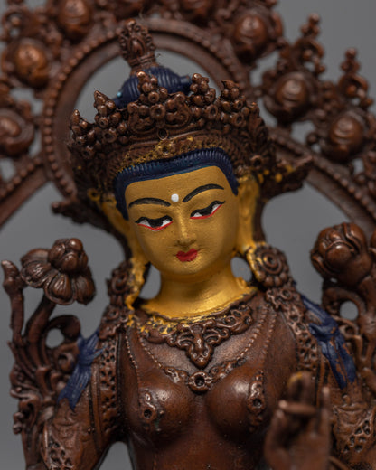 Mini Machine made Green Tara Statue | Gold Gilded Copper Body Miniature Green Tara Sculpture