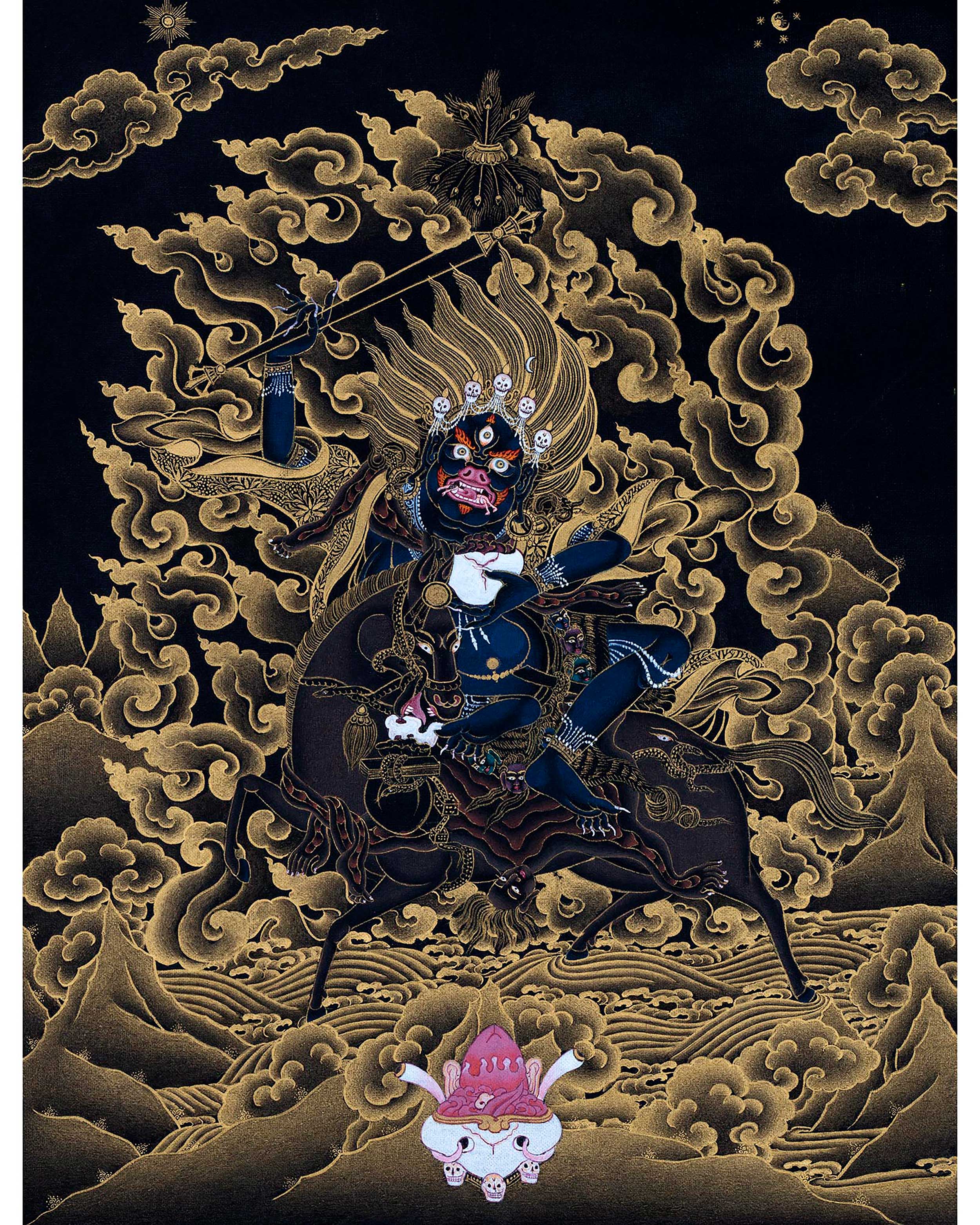 Shri Devi Magzor Gyalmo Thangka | Motherly Buddhist Protector | Black And Gold Art