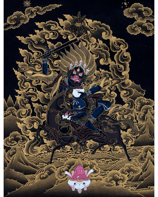 Shri Devi Magzor Gyalmo Thangka | Motherly Buddhist Protector | Black And Gold Art