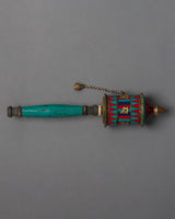Buddhist Prayer Wheel with Precious Stone Carvings 