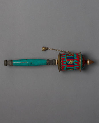 Buddhist Prayer Wheel with Precious Stone Carvings 