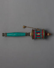Buddhist Prayer Wheel with Precious Stone Carvings