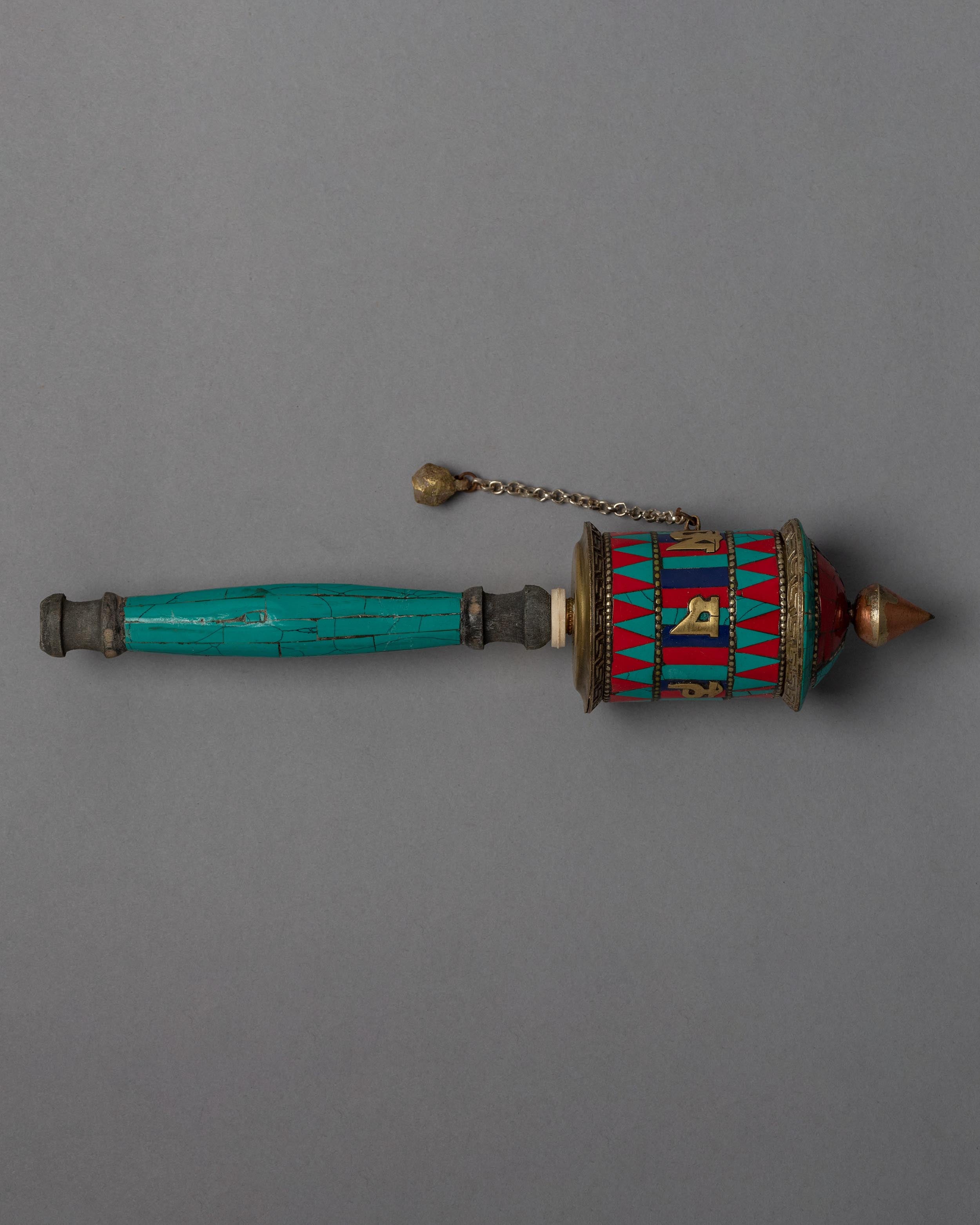 Buddhist Prayer Wheel with Precious Stone Carvings