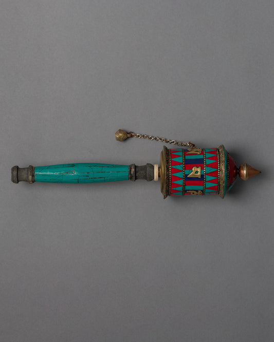 Buddhist Prayer Wheel with Precious Stone Carvings 