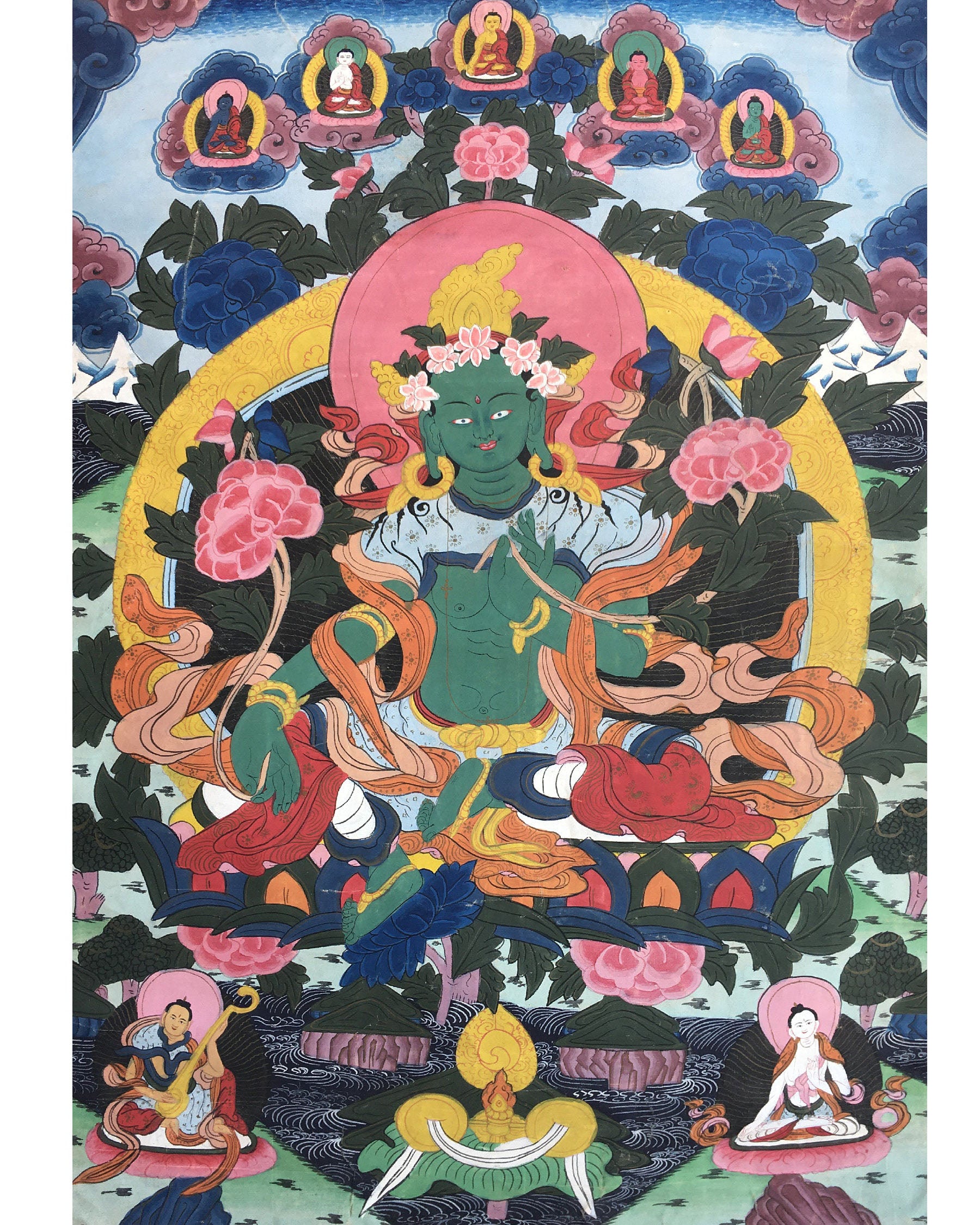Rare Green Tara Thangka  | Vintage Tibetan Wall Decor