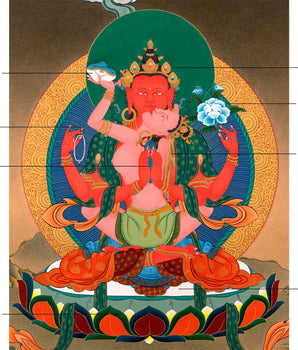 Red Chenrezig with Consort Thangka | Traditionally Hand Painted