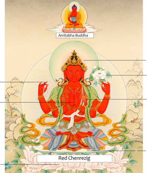 Red Chenrezig With Amitabha Buddha, Gyalwa Gyasto Thangka Print