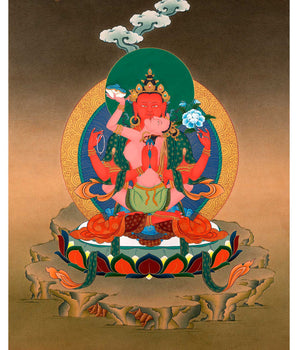 Red Chenrezig with Consort Thangka | Traditionally Hand Painted