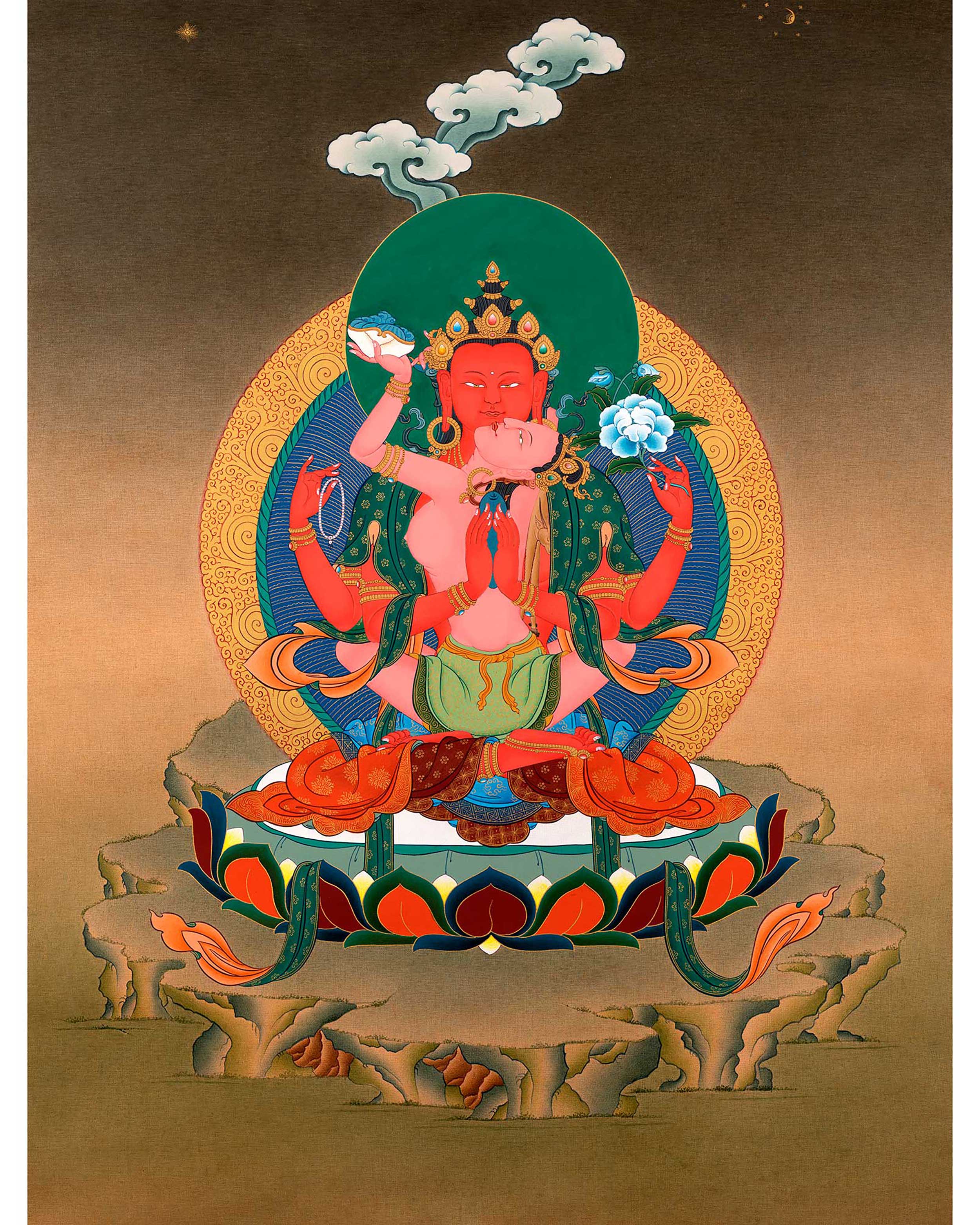 Red Chenrezig with Consort Thangka | Traditionally Hand Painted