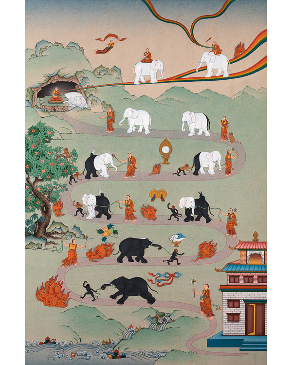 Samatha Meditation Thangka, 9 stages of Samatha Practice, Thangka Print