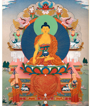 Buddha Thangka | Shakyamuni With Two Disciples | Himalayan Tibetan Art