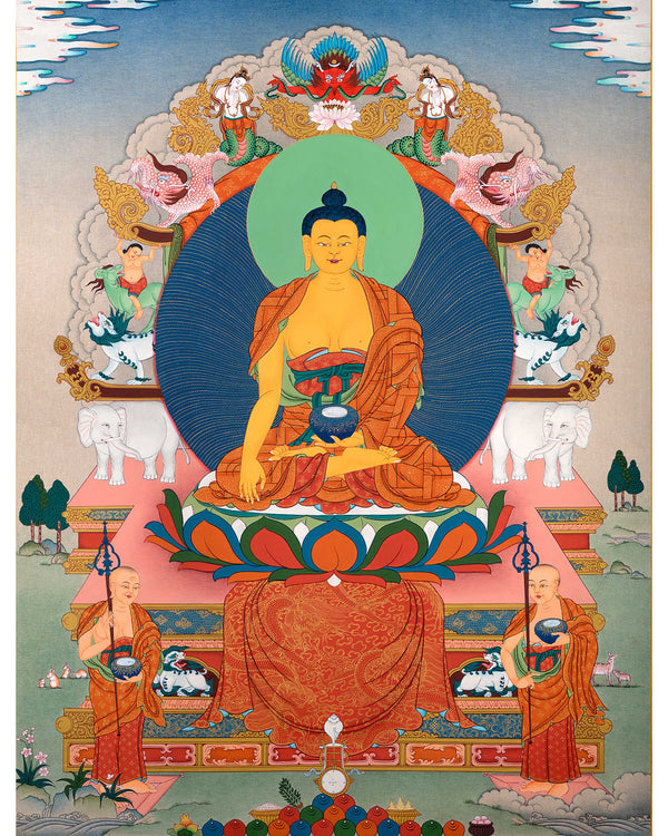 Buddha Thangka | Shakyamuni With Two Disciples | Himalayan Tibetan Art