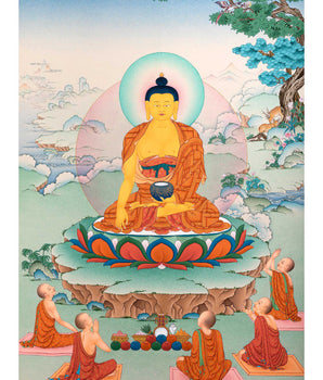 Shakyamuni Buddha with Five Disciples Thangka | Tibetan Buddhist Art