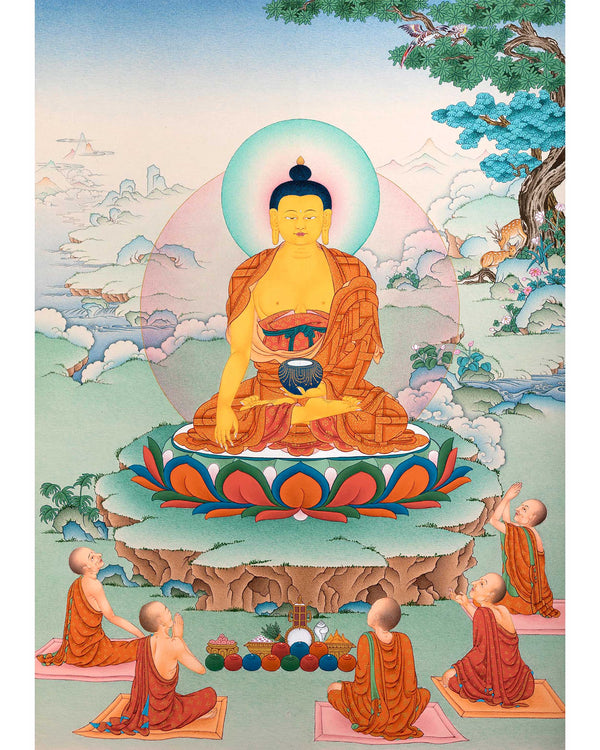 Shakyamuni Buddha with Five Disciples Thangka | Tibetan Buddhist Art