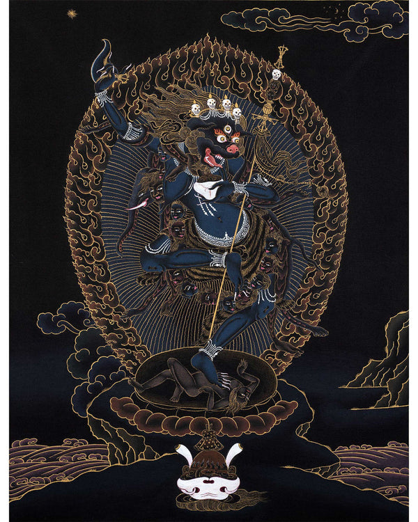 Singhamukha Thangka | Simhamukha | Lion Faced Dakini | Black And Gold Painted Tibetan Art