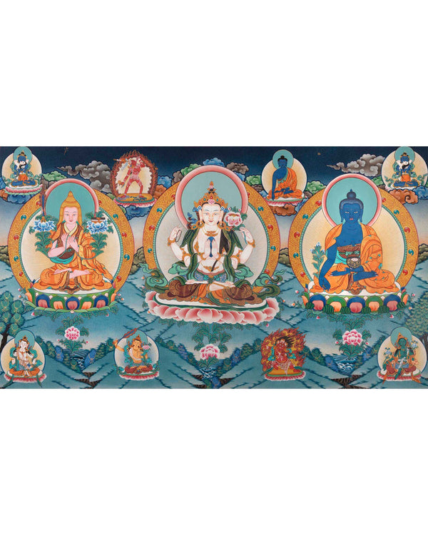 Tsongkhapa , Chengresig And Medicine Buddha Thangka Painting 