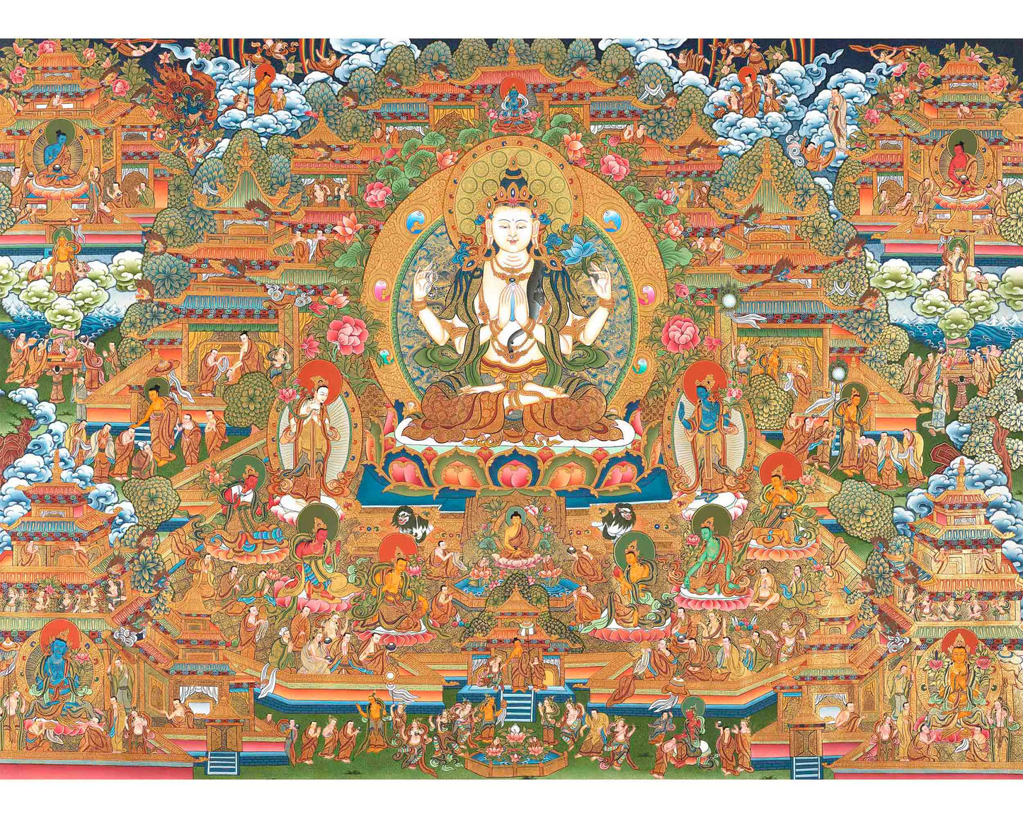 4 Armed Chengrezig Buddha | Horizontal Original Thangka Painting