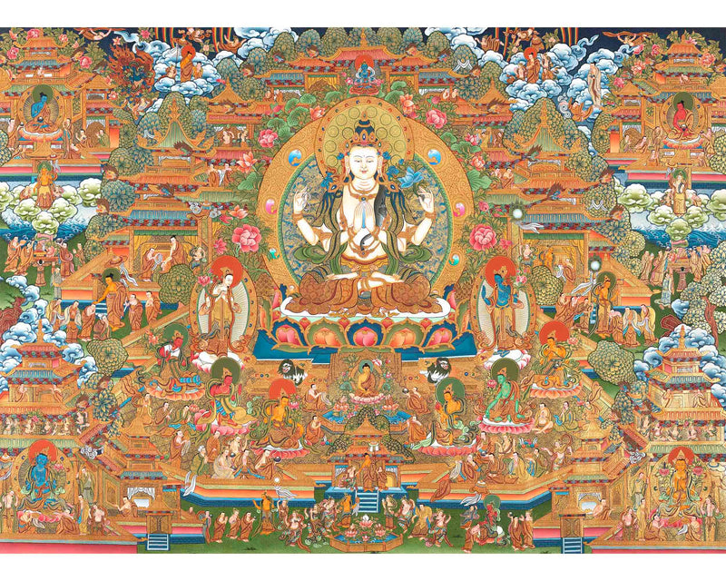 4 Armed Chengrezig Buddha | Horizontal Original Thangka Painting