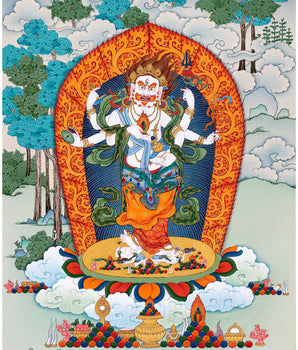 White Mahakala Thangka | Traditionally Hand painted Six-armed Mahakala