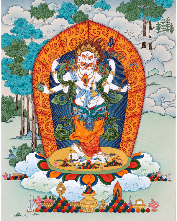 White Mahakala Thangka | Traditionally Hand painted Six-armed Mahakala