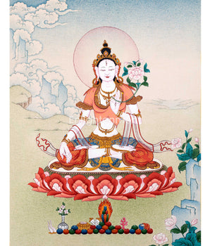 White Tara Deity Thangka | Goddess of Compassion and Longevity | Hand-Painted Tibetan Buddhist Art