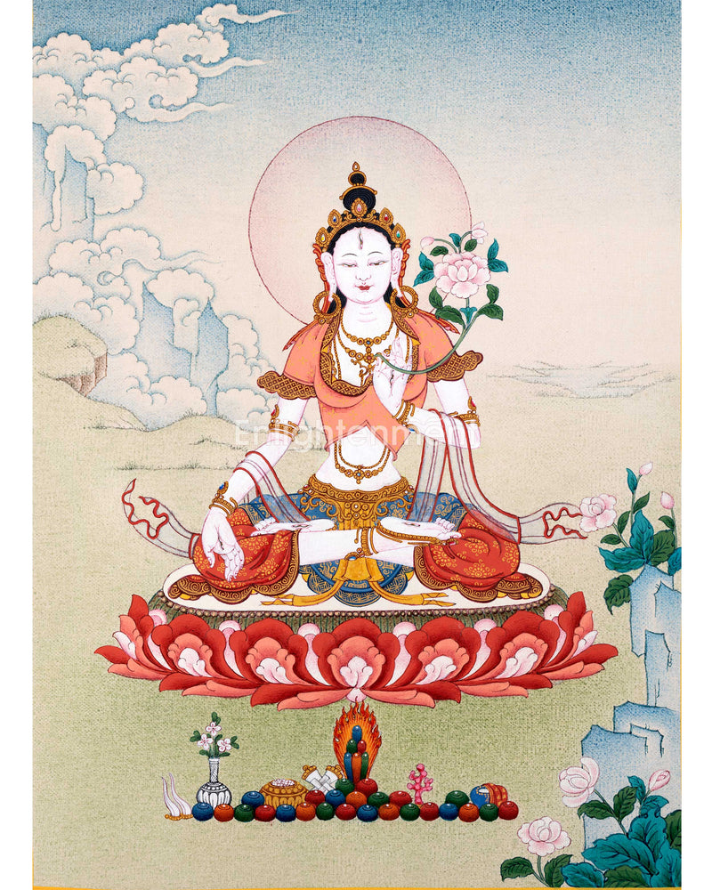 White Tara Deity Thangka | Goddess of Compassion and Longevity | Hand-Painted Tibetan Buddhist Art