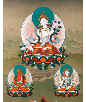 White Tara With Amitayus and Namgyalma Thangka | Long Life Deities | Tibetan Art