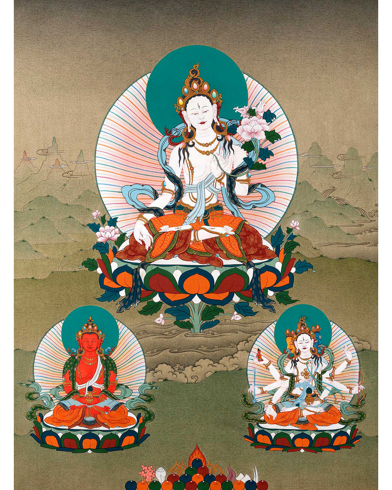 White Tara With Amitayus and Namgyalma Thangka | Long Life Deities | Tibetan Art