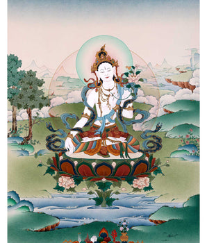 White Tara Goddess Thangka | Traditionally Hand Painted Buddhist Art