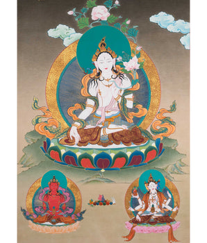 White Tara Meditation Practice Thangka | White Tara With Amitayus and Namgyalma