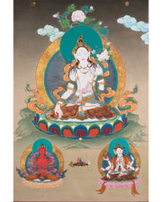 White Tara Meditation Practice Thangka | White Tara With Amitayus and Namgyalma