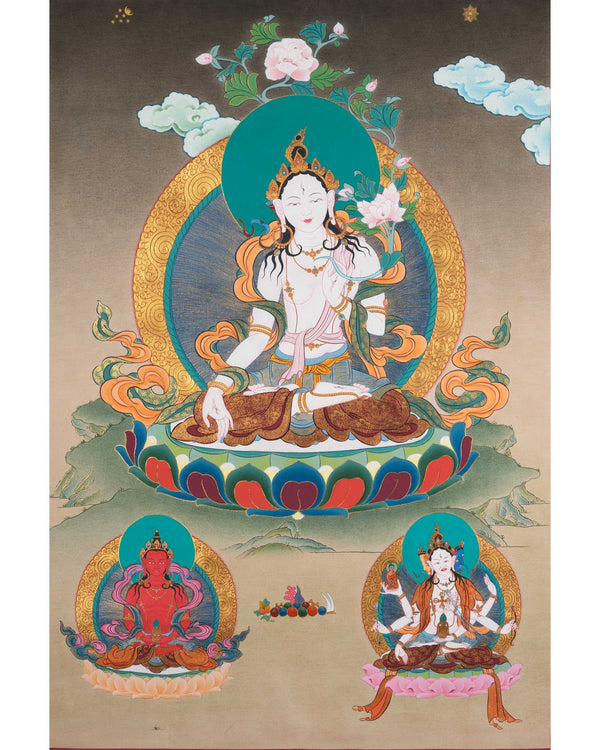 White Tara Meditation Practice Thangka | White Tara With Amitayus and Namgyalma