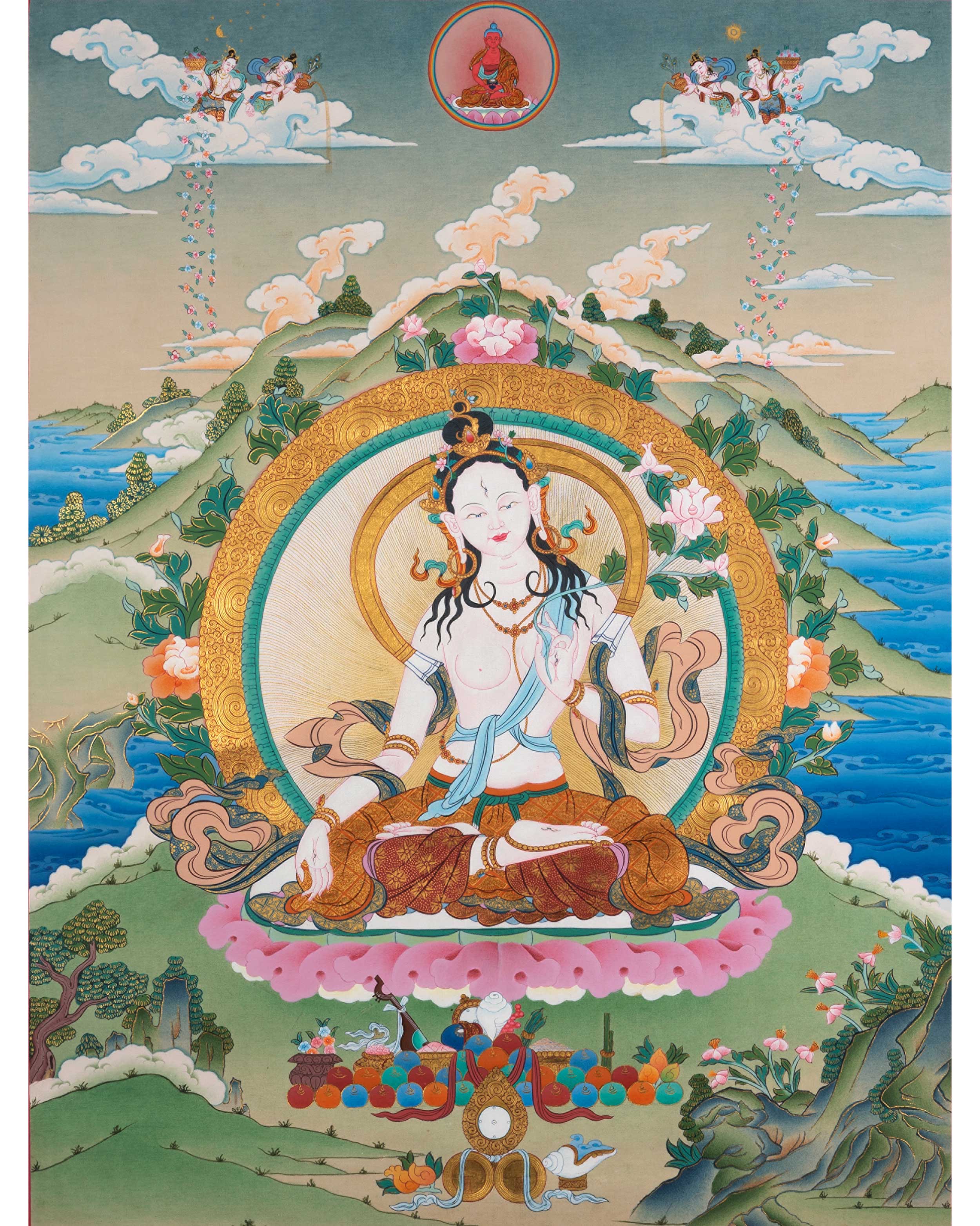White Tara Healing Thangka | Vajrayana Buddhist Art | Hand-Painted Tara Painting