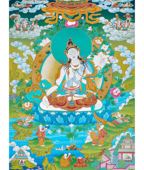 White Tara With Umbrella | Mother Deity Thangka Painting | Buddhist