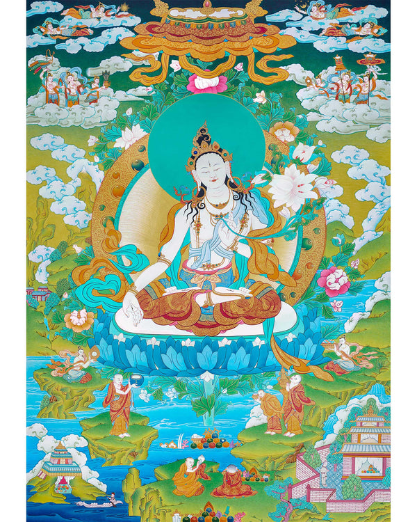 White Tara With Umbrella | Mother Deity Thangka Painting | Buddhist