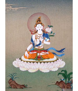 Buddhist White Tara Thangka | Handpainted Traditional Artwork | Vajrayana Painting