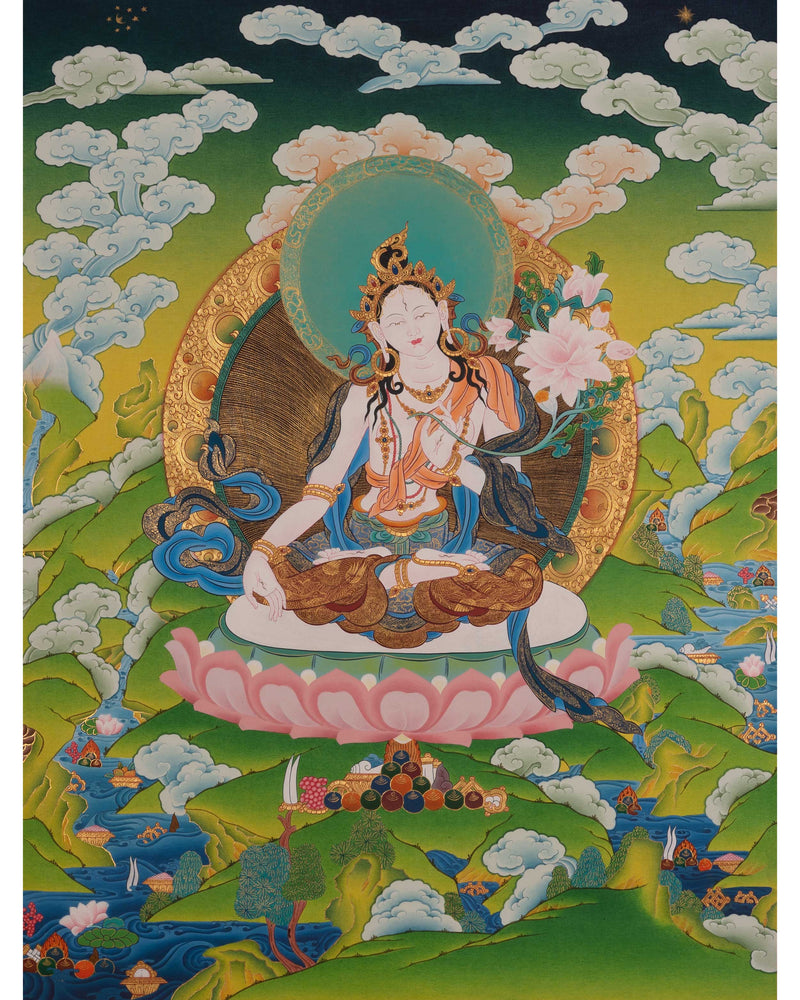 Traditionally Hand-Painted Thangka White Tara | Tibetan Buddhist Hand Painting