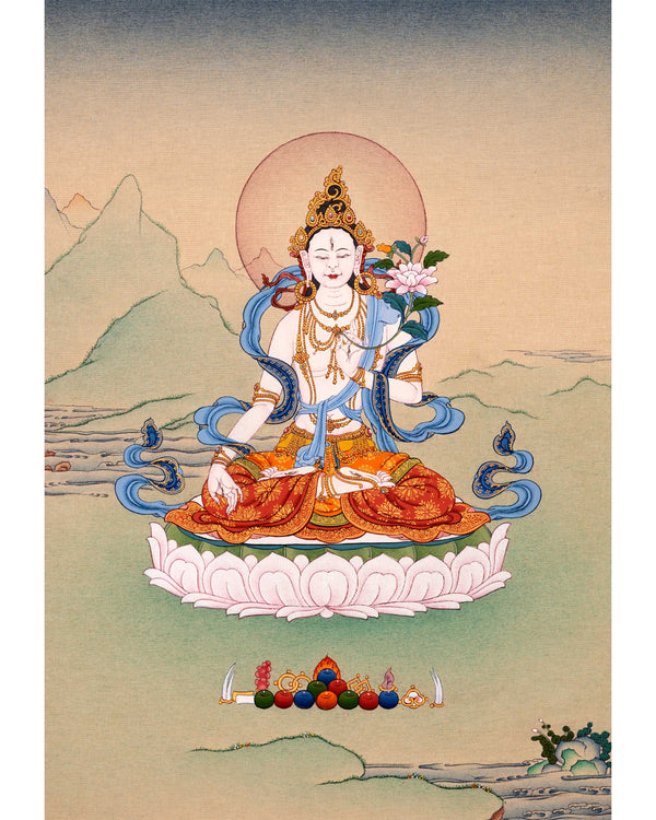 24K Gold White Tara Goddess Thangka | Traditional Tibetan Art