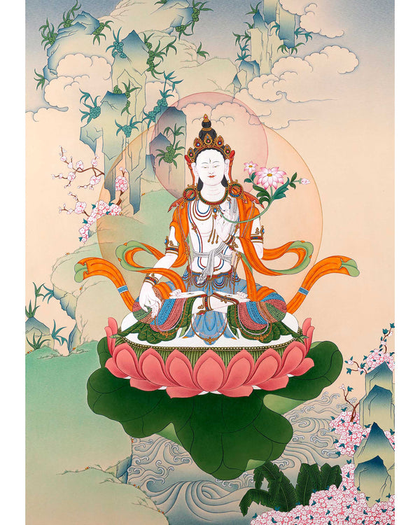 Traditional White Tara Thangka | Mother Buddha Painting with 24k Gold