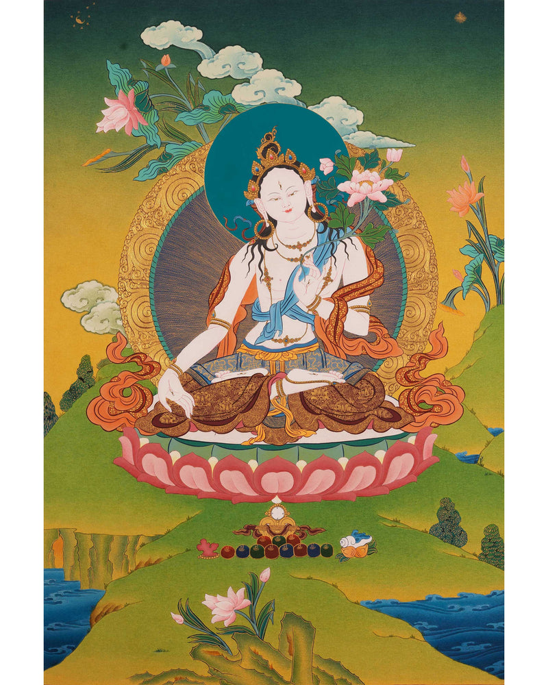 The White Tara Thangka Painting | Traditional Tibetan Buddhist Art