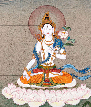 The Divine Presence of White Tara | Female Bodhisattva Thangka | A Thangka Journey to Compassion