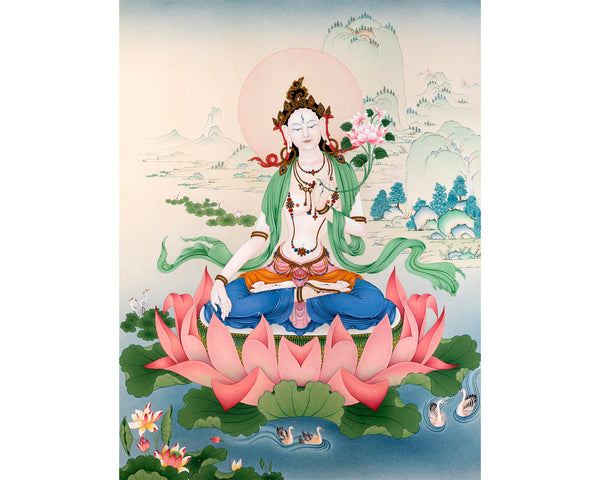 White Tara Thangka | Traditional Tibetan Stone Color White Tara Painting