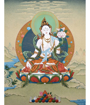 White Tara Thangka | Hand-Painted Drolma Painting | Female Bodhisattva