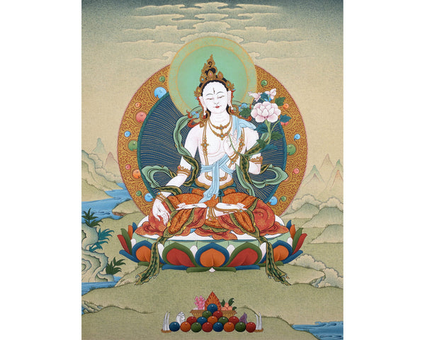 White Tara Thangka | Hand-Painted Drolma Painting | Female Bodhisattva